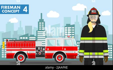 Detailed illustration of firewoman and fire truck in flat style on background with cityscape. Vector illustration. Stock Vector