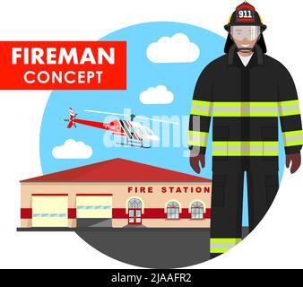 Detailed illustration of fireman in uniform on background with fire station building and helicopter in flat style. Vector illustration. Stock Vector