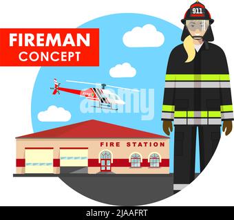 Detailed illustration of firewoman in uniform on background with fire station building and helicopter in flat style. Vector illustration. Stock Vector