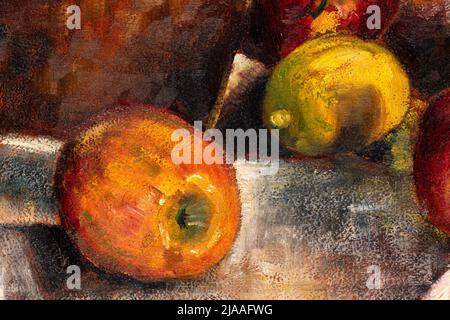 Macro shot of still life painting of  apples and lemons. Large brush strokes oil painting detailed texture. Stock Photo