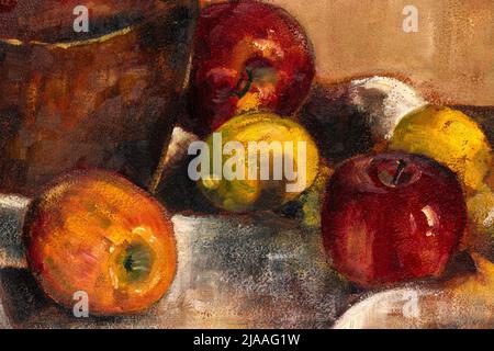 Macro shot of still life painting of  apples and lemons. Large brush strokes oil painting detailed texture. Stock Photo