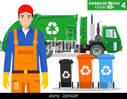 Detailed illustration of garbage man, garbage truck and different types of dumpsters on white background in flat style. Stock Vector