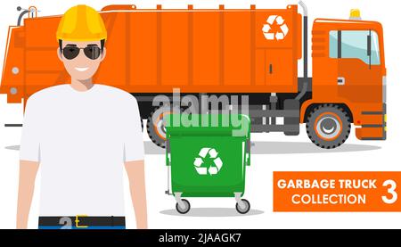 Detailed illustration of garbage man, orange garbage truck and dumpster on white background in flat style. Stock Vector