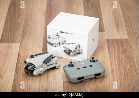 Torquay, UK. Sunday 29 May 2022. A look at the new DJI 3 Mini Pro Drone, recently released in UK. Stock Photo
