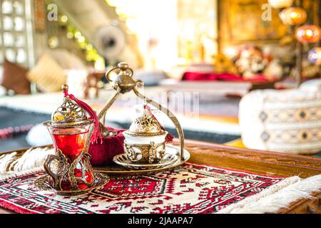 Turkish coffee and tea set in colorful traditional housewares in Turkish theme coffee cafe Stock Photo