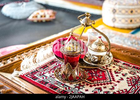Turkish coffee and tea set in colorful traditional housewares in Turkish theme coffee cafe Stock Photo