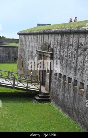 Bridge entry over the moat at Fort Macon, garrisoned in 1834 to protect Beaufort NC, and turned into a state park in 1924. Stock Photo