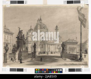 The Karlsplatz, railway incision and monument, perspective on the competition project for the general regulation plan. Otto Wagner (1841-1918), architect Stock Photo