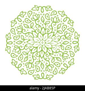 Green floral mandala style circle ornament, beautiful lacy doodle pattern with leaves and flowers. Isolated vector illustration. Stock Vector