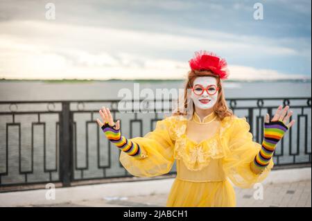 street MIME, trying to float in the air Stock Photo