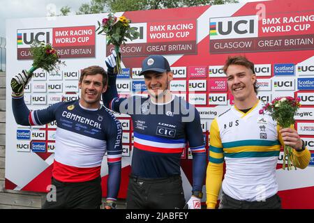 Glasgow, UK. 29th May, 2022. On the second and final day of the UCI BMX Racing world Cup, an international field of male and female competitors race for the title. The event was a 'sell out' and made more pleasurable by the warm sunny weather. Credit: Findlay/Alamy Live News Stock Photo