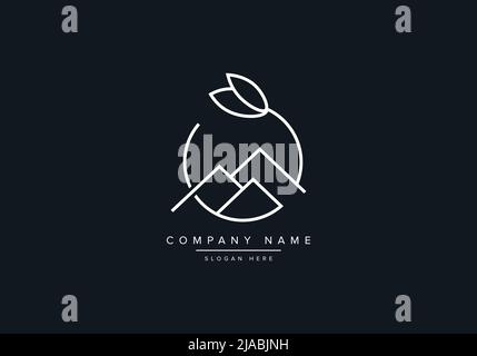 Line art logo icon of a mountain with leaf Stock Vector