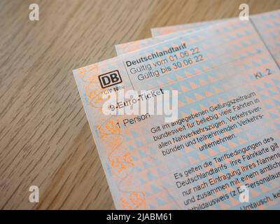 9 Euro Ticket as a compensation for high oil and gas prices. The subsidization for public transportation is an intervention from German politics. Stock Photo
