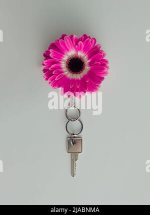 Creative keyring or key chain made of spring daisy flower. Minimal safe home concept. Flat lay. Stock Photo