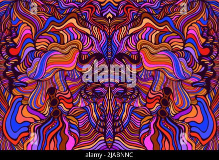 Symmetrical motley hippie trippy psychedelic abstract pattern with many intricate wavy ornaments, bright neon multicolor color texture Stock Vector
