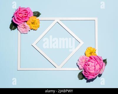 Frame with copy space made of colorful rose flowers and leaves on sky blue background. Flat lay. Nature love concept. Stock Photo