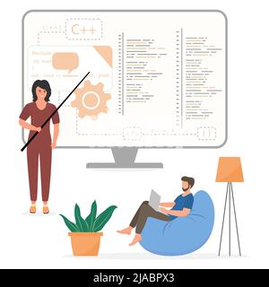 Vector illustration Programming languages learning. Software coding courses, website development class, script writing. IT programmers. Training Dista Stock Vector