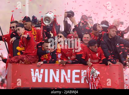 Liverpool, Merseyside, UK. 29th May, 2022. Liverpool FC 2021-22 Victory Parade; Jordan Henderson of Liverpool holds the FA Cup aloft Credit: Action Plus Sports/Alamy Live News Stock Photo