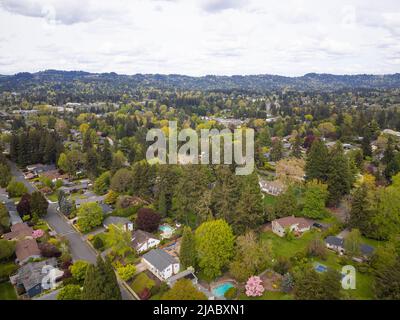 Shooting from the air. A picturesque town immersed in greenery near a mountain range. Cloudy sky. Beauty of nature, housing issue, landscape, construc Stock Photo