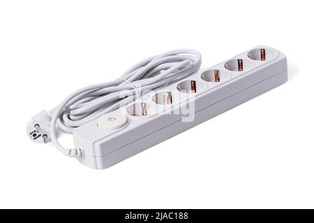 Household electrical power strip with sockets and surge protection isolated on white Stock Photo