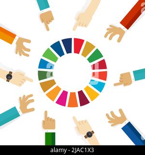 SDG sustainable development goals 17 goal hand pointing team focus concept discus on colorful circle Stock Vector