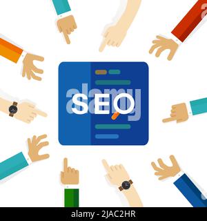 SEO search engine optimization team working together hand pointing focus on concept discus Stock Vector