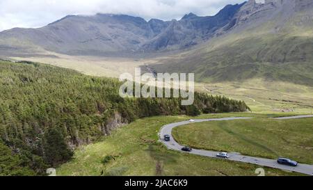 Aerial view of the landscape of the Cullin Hills near Glenbrittle on the Isle of Skye Scotland UK Stock Photo