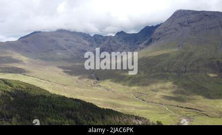 Aerial view of the landscape of the Cullin Hills near Glenbrittle on the Isle of Skye Scotland UK Stock Photo