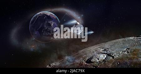 Moon surface and planet Earth with spaceship flying around. Elements of this image furnished by NASA. Stock Photo