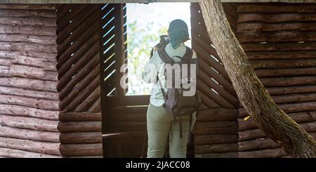 Braubach, 2022, May, 29.: A woman is taking a picture on hiking trail. Stock Photo