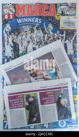 Spain's sports newspaper, Marca, celebrates the Real Madrid v Liverpool Champions league final in Paris. Stock Photo