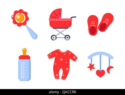 Cute cartoon newborn baby items in girly pink color: stroller, pacifier,  milk bottle and toys. Baby shower design elements. Flat vector style. Stock  Vector