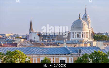 Church spires and domes are under blue sky on a summer day. Skyline of Saint-Petersburg, Russia Stock Photo