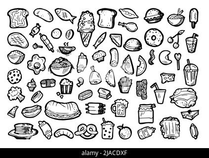 Set of food. Sweet pastries and meat dishes. Baking buns and meat dishes. Hand drawing outline. Isolated on white background. Monochrome drawing Stock Vector