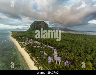 Tropical beach holiday resort in Le Morne, Mauritius, drone view Stock Photo