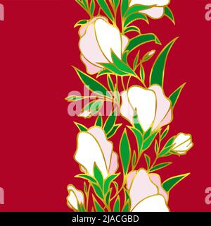 floral seamless border, repeating border of white flowers on a red background with a golden outline, textile, design, art, graphic Stock Vector