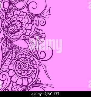 purple seamless floral border on pink background, floral graphic repeat design element, texture, pattern Stock Vector