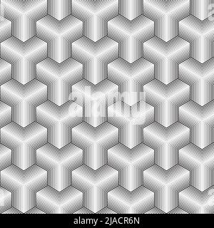 Thin Lines Cubes Seamless Isometric Pattern. Vector Tileable Background in Black and White Stock Vector
