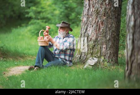 Happy Grandfather - summer and hobbies. Old man walking. Grandpa Pensioner. Senior hiking in forest. Spring and hobbies. Gathering mushrooms in wild Stock Photo