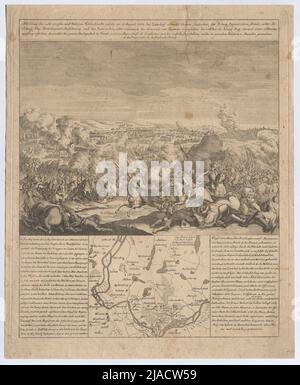 'Illustration of the very large and bloody field battle, which on August 25, 1758. near Zorndorf, already Cüstrin, ...'. The Battle of Zorndorf on August 25, 1758 (picture, map and report). Unknown Stock Photo