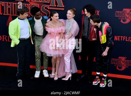 Gaten Matarazzo, Caleb McLaughlin, Millie Bobby Brown, Sadie Sink, Finn Wolfhard, Noah Schnapp 104 attend the premiere of Netflix's 'Stranger Things' Season 3 on June 28, 2019 in Santa Monica, California. Stock Photo