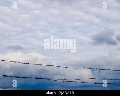 Barbed wire and dark clouds sky backgrounds Stock Photo