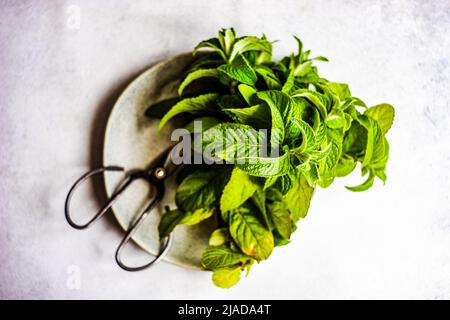 Overhead view of fresh mint leaves on a plate Stock Photo