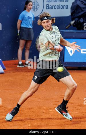 BARCELONA - APR 20: Stefanos Tsitsipas in action during the Barcelona Open Banc Sabadell Tennis Tournament at Real Club De Tenis Barcelona on April 20 Stock Photo