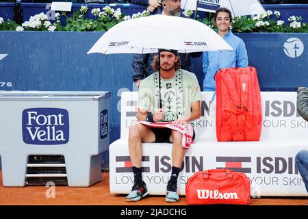BARCELONA - APR 20: Stefanos Tsitsipas in action during the Barcelona Open Banc Sabadell Tennis Tournament at Real Club De Tenis Barcelona on April 20 Stock Photo