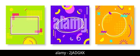 Memphis geometric frame retro card color flat set. Story frame social media poster ads product flyer to fill bold hipster retro fashion banner abstract outline colorful square rectangular shape vector Stock Vector