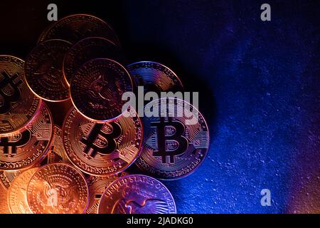 Bitcoin with Half Dollar coins from USA. Trading Cryptocurrency with fiat money. Bitcoin background and pattern Stock Photo