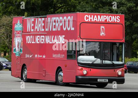 Liverpool, UK. 29th May, 2022. The open top bus arrives for the Liverpool FC parade in Liverpool, United Kingdom on 5/29/2022. (Photo by James Heaton/News Images/Sipa USA) Credit: Sipa USA/Alamy Live News Stock Photo