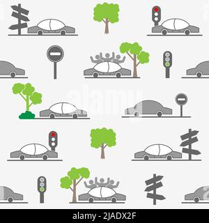 Seamless pattern with cars, trees and traffic signs. Design for wall decoration, postcard, poster, brochure, shirt, etc. Stock Vector