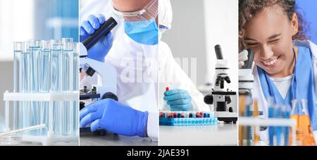 Collage with scientists working with samples and microscopes in laboratory Stock Photo